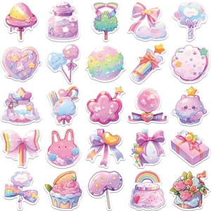 5x5 grid display of 25 cute waterproof stickers featuring candy and dessert designs