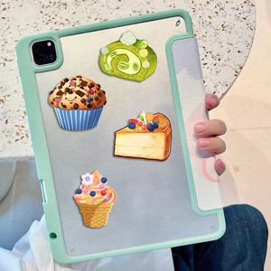 Pastel green iPad case with transparent back featuring cute cartoon dessert stickers