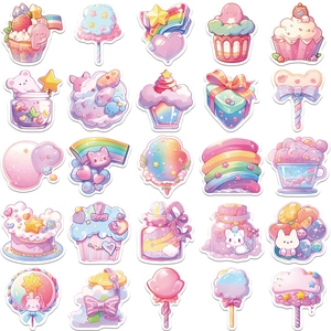Detailed grid of 25 colorful cartoon cupcake and candy stickers with cute animal motifs