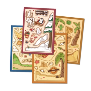 Close-up of matte cartoon travel stickers featuring desert, ocean, and winter scenes