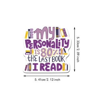 Detail view of book lover sticker with size specs and inspirational reading quote
