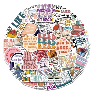Flat lay of multiple waterproof reading-themed stickers for DIY laptop and water bottle decor