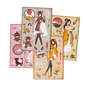 Detail of four colorful Chinese style anime girl stickers with traditional lanterns and peonies