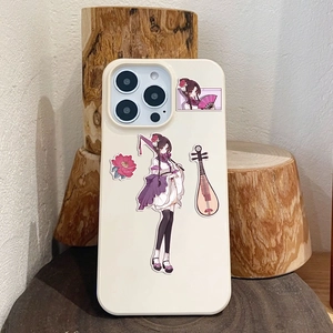 Detail of cream white iPhone case with traditional Chinese anime girl stickers on wood