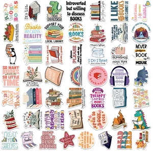 Detailed flat lay of 50 book-themed waterproof vinyl stickers with literary quotes