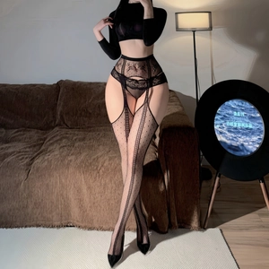 Sexy black lace suspender tights with polka dot mesh and garter design for women