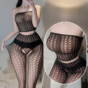 Sexy black sheer mesh bodysuit with geometric cutouts and elastic strapless tube design