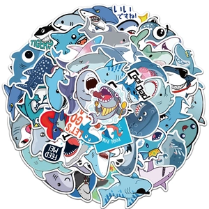 Collection of 50 cute cartoon shark stickers for DIY luggage and skateboard decor