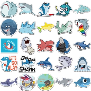 5x5 grid display of 25 unique cartoon shark stickers for DIY luggage and water bottles
