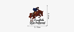 Detail shot of a waterproof horse racing sticker with English Style Preferred text