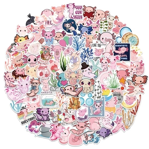 Set of 100 cute pink axolotl stickers for decorating laptops, water bottles and luggage