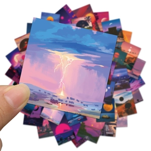 Close-up of aesthetic sunset stickers for notebooks and suitcases decoration