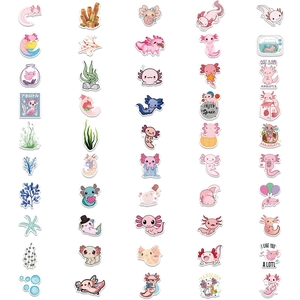 Set of 50 cute pink axolotl cartoon stickers for laptops and skateboards