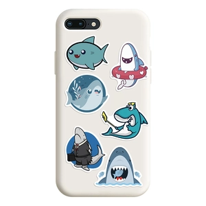 Detail of cartoon shark patterns on an ivory hard phone case with various cute poses