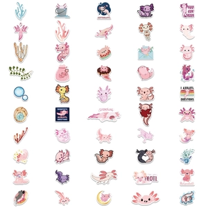 Collection of cute pink axolotl cartoon stickers in various poses on white background