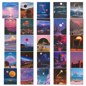Set of 50 aesthetic sunset landscape stickers with retro vaporwave and sci-fi art style
