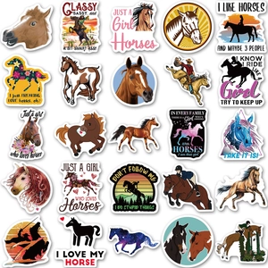 Detailed grid of 25 waterproof horse stickers featuring realistic and silhouette designs