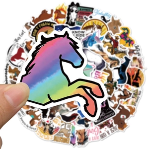 Close-up of rainbow gradient jumping horse sticker from a 50-piece animal decal set