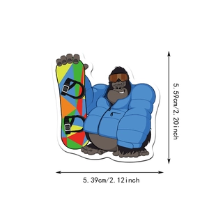 Detailed dimensions of the gorilla skier sticker showing 5.59cm height and 5.39cm width
