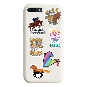 Detail showing various horse themed stickers applied on a cream iPhone mobile phone case