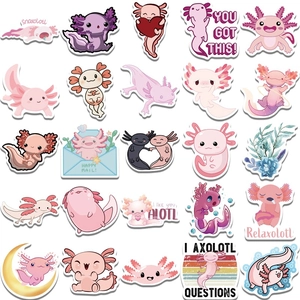 Dettaglio di simpatici adesivi rosa Axolotl con giochi di parole come Relaxolotl