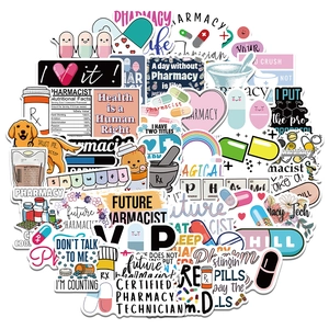 Detail of 50 waterproof pharmacist stickers with pills and medical themes for DIY decor