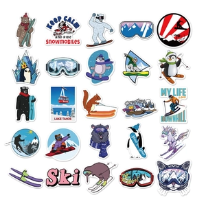 Detailed grid of 25 waterproof ski stickers with colorful cartoon winter sports motifs