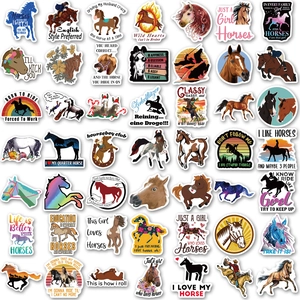 Set of 50 waterproof cartoon horse stickers for luggage and skateboards in various artistic styles