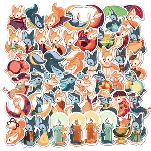 Detailed spread of cute cartoon fox stickers with colorful outfits for luggage decoration