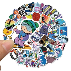 Detailed close-up of 50 waterproof ski and outdoor adventure sports graffiti stickers