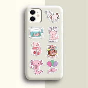 Simpatici adesivi con axolotl rosa per decorare valigie e cover del telefono