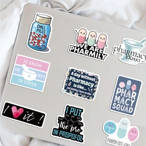 Pharmacist stickers with funny pill designs on a silver laptop back for decoration