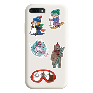 Detail view of five cartoon winter ski theme stickers on a white smartphone phone case