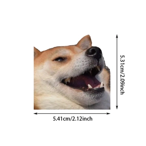 Close-up of waterproof Shiba Inu Doge sticker showing exact dimensions 5.4cm for luggage