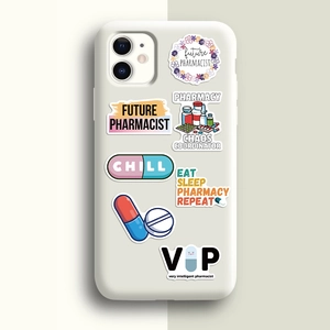 Detail showing various pharmacist stickers applied to a white phone case as decor