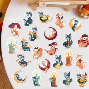 Flat lay of cute cartoon fox waterproof stickers for luggage and water bottles