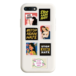 White iPhone case with seven Stop Asian Hate themed artistic illustrations and slogan