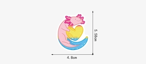Waterproof axolotl sticker holding a heart with dimensions 5.58cm by 4.8cm shown in detail