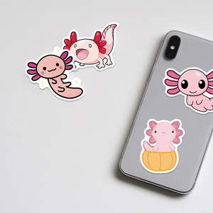 Cute pink axolotl cartoon stickers for laptop and phone decoration, set of waterproof decals