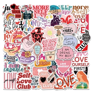 Detail of Self Love Club stickers with pink floral and heart designs on white background