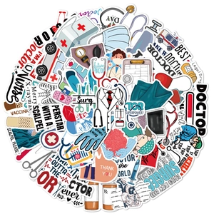Pack of 50 medical themed PVC waterproof stickers featuring doctor and nurse illustrations