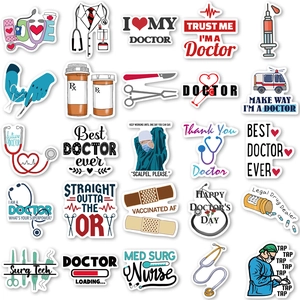 Set of 50 medical themed PVC stickers featuring doctor tools and nurse appreciation slogans