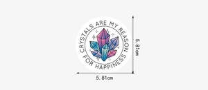Detail showing a 5.81cm circular sticker with crystal art and motivational text