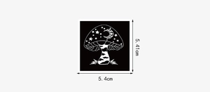 Detail view of gothic mushroom sticker with white line art and dimensions 5.4 x 5.4cm