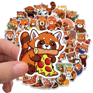 Close-up of cute red panda stickers showing various fun cartoon poses held by hand