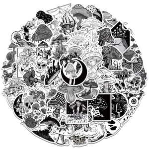 50 pieces of Gothic mushroom stickers featuring black and white skull and punk art designs