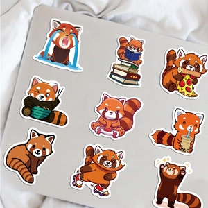 Cute red panda stickers applied to laptop showing various cartoon activities and poses