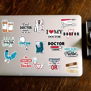 50pcs waterproof medical doctor stickers set on a silver laptop with stethoscope and quotes