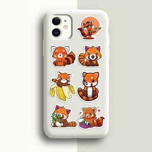Close-up of matte beige phone case featuring six cute red panda cartoon illustrations