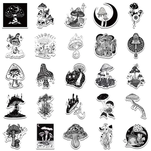 50pcs gothic horror mushroom stickers set featuring black and white skull punk art